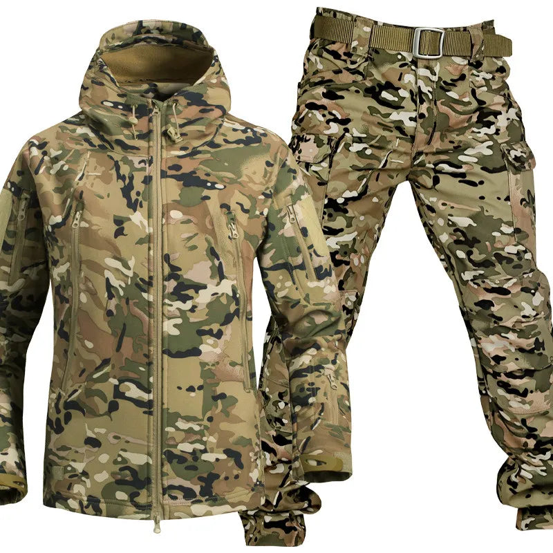 Men's Waterproof Fleece Lined Outdoor Jacket and Pants Set with Hood
