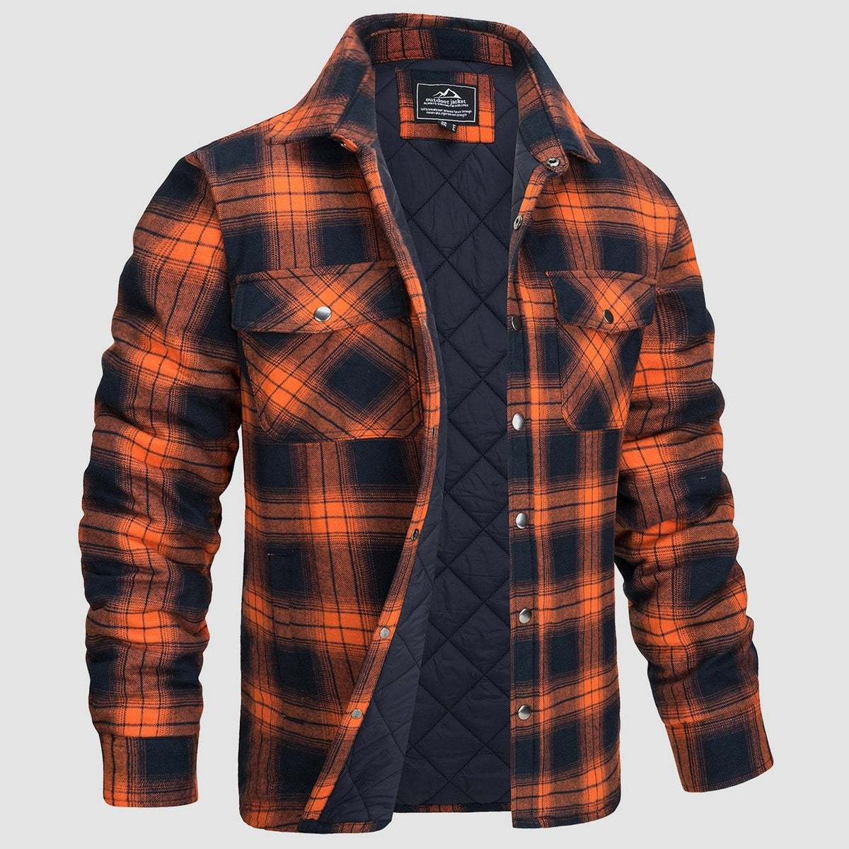 Men's Quilted Lined Plaid Flannel Shirt Jacket with Snap Buttons