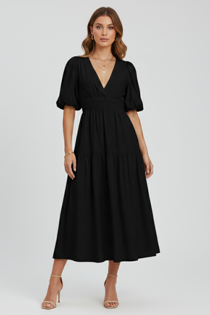 Women's Puff Sleeve Dress with V-Neck