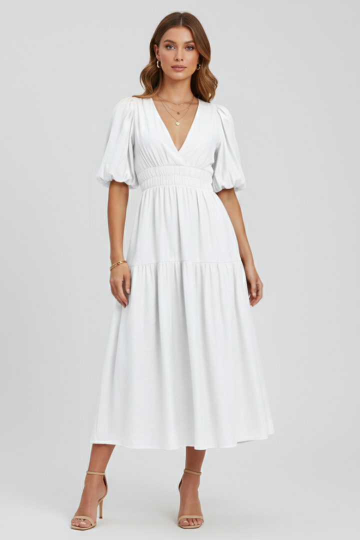 Women's Puff Sleeve Dress with V-Neck