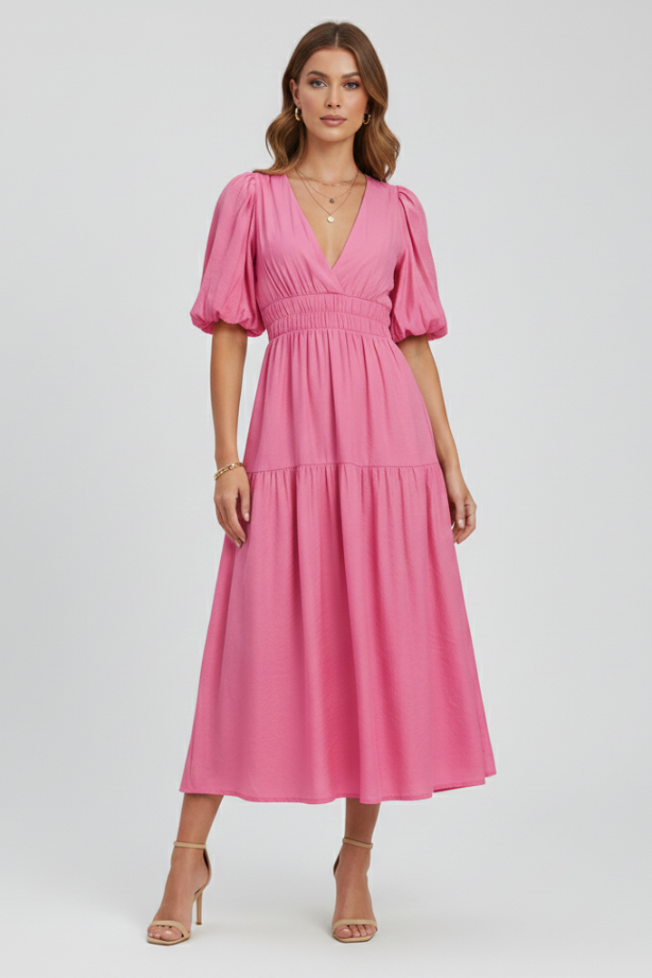 Women's Puff Sleeve Dress with V-Neck