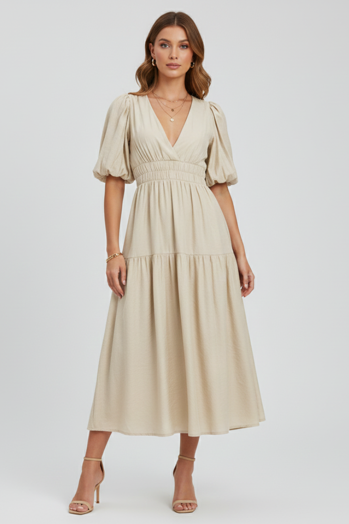 Women's Puff Sleeve Dress with V-Neck