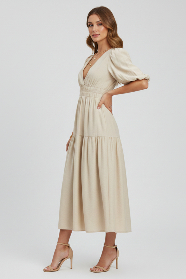 Women's Puff Sleeve Dress with V-Neck
