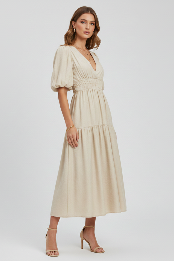Women's Puff Sleeve Dress with V-Neck