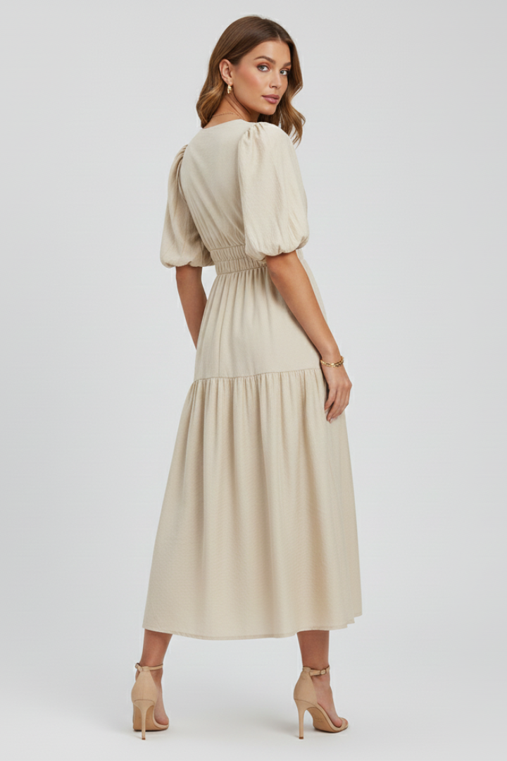 Women's Puff Sleeve Dress with V-Neck