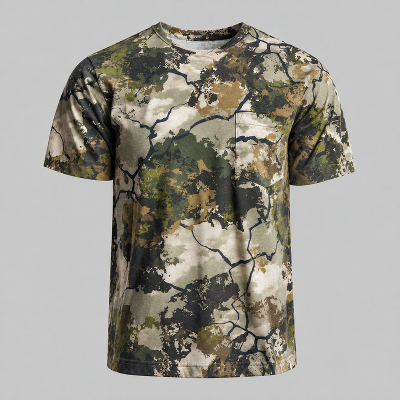 Men's Camouflage Cotton Blend Short Sleeve Pocket Tee with Crew Neck