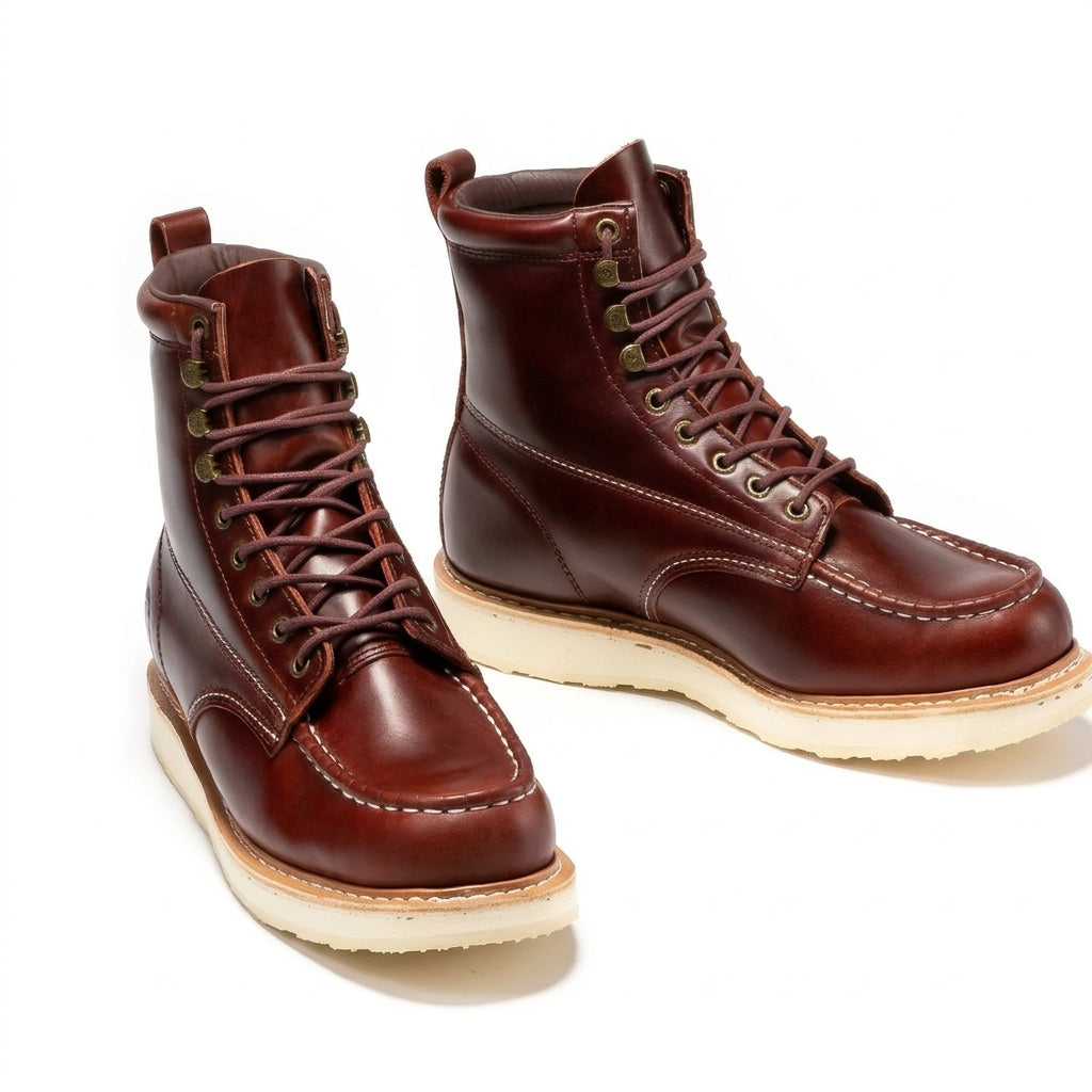 Men's Soft Toe Leather Work Boots with Wedge Sole and Lace Up