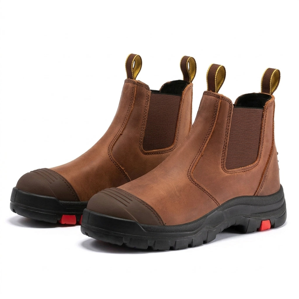 Men's Slip-On Leather Work Boots with Soft Toe and Rubber Sole