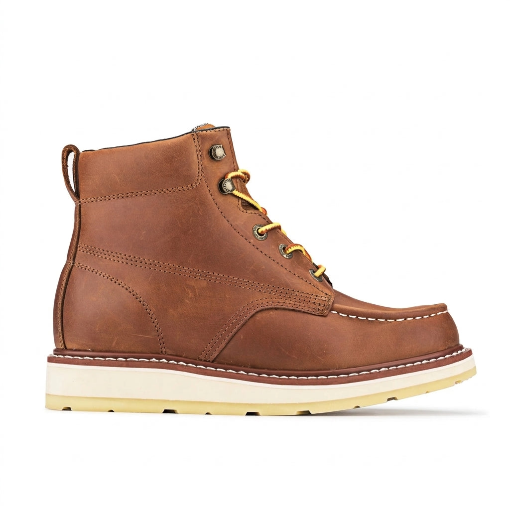 Men's Soft Toe Leather Work Boots with Dual Density Wedge Outsole