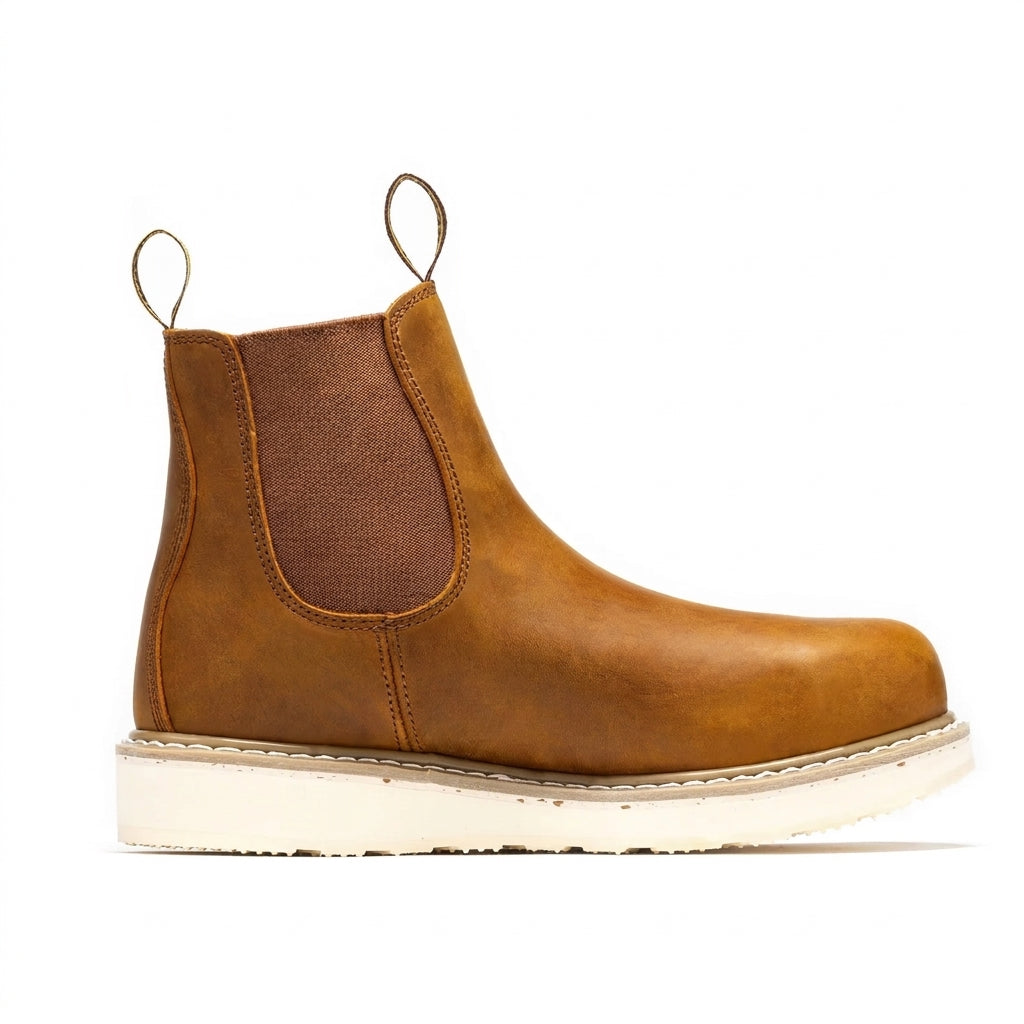Men's Leather Work Boots with Steel Toe and Wedge Sole