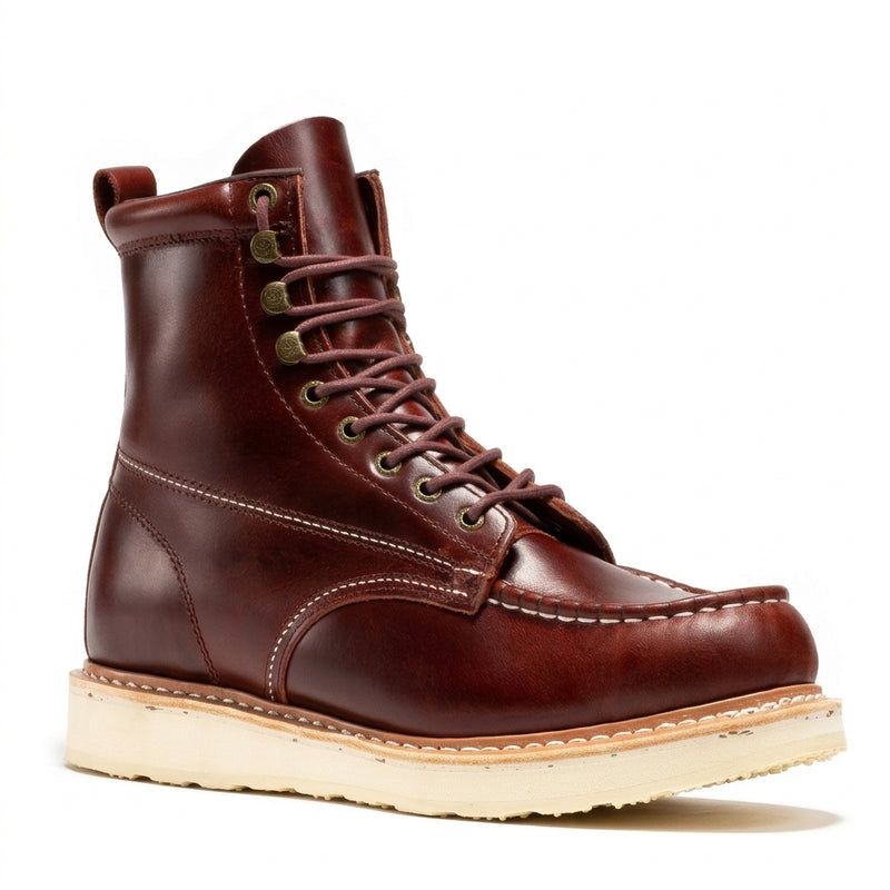 Men's Soft Toe Leather Work Boots with Wedge Sole and Lace Up
