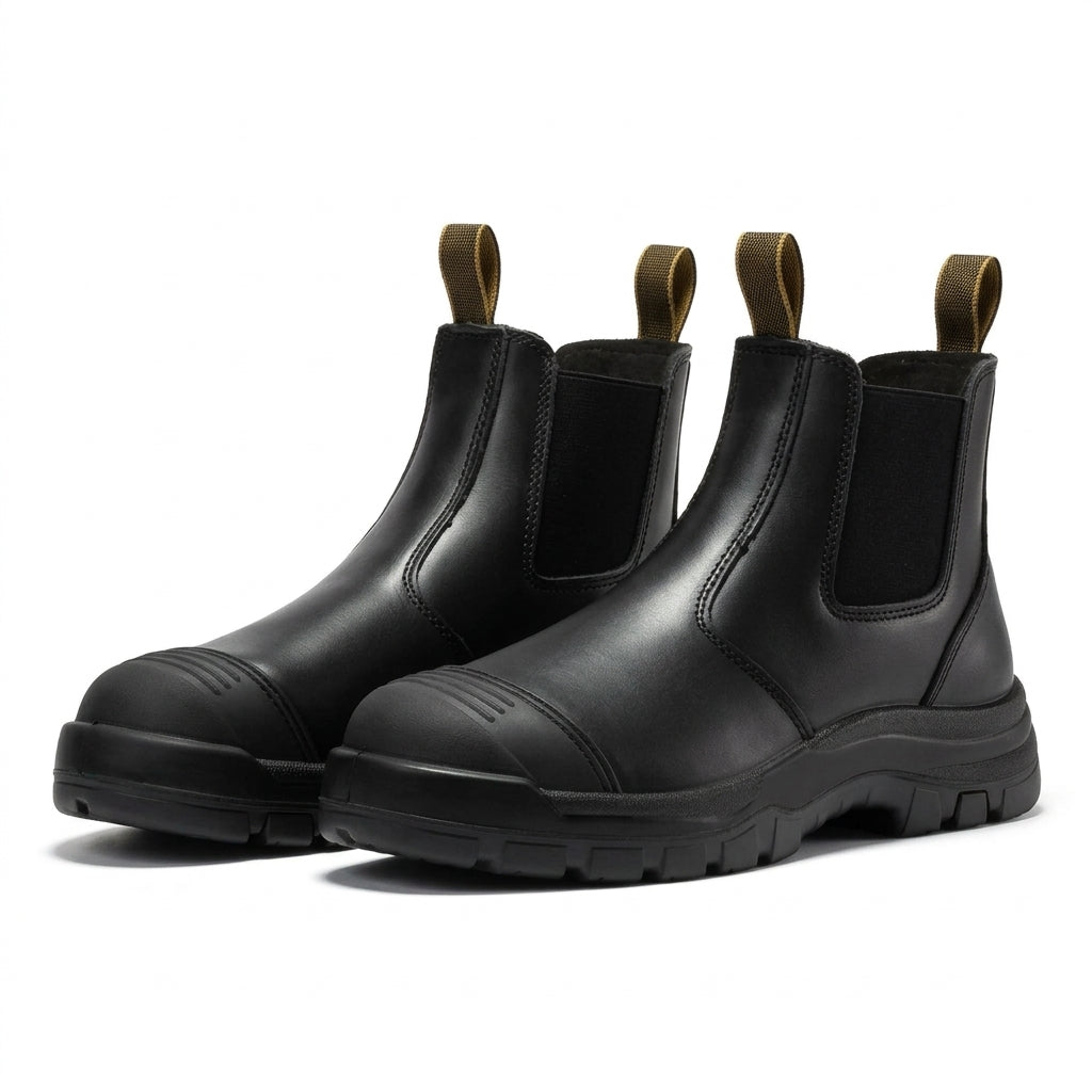 Men's Soft Toe Pull On Leather Work Boots with Slip Resistant Outsole