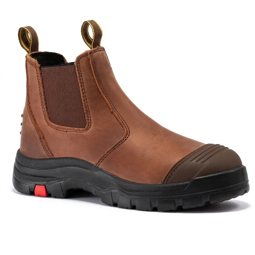 Men's Slip-On Leather Work Boots with Soft Toe and Rubber Sole