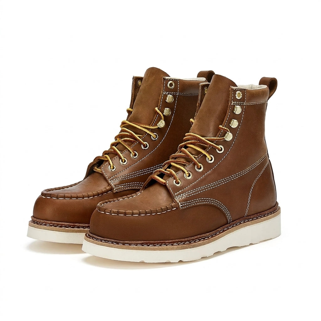 Men's Steel Toe Leather Work Boots with Vibram Wedge Sole and Moc Toe