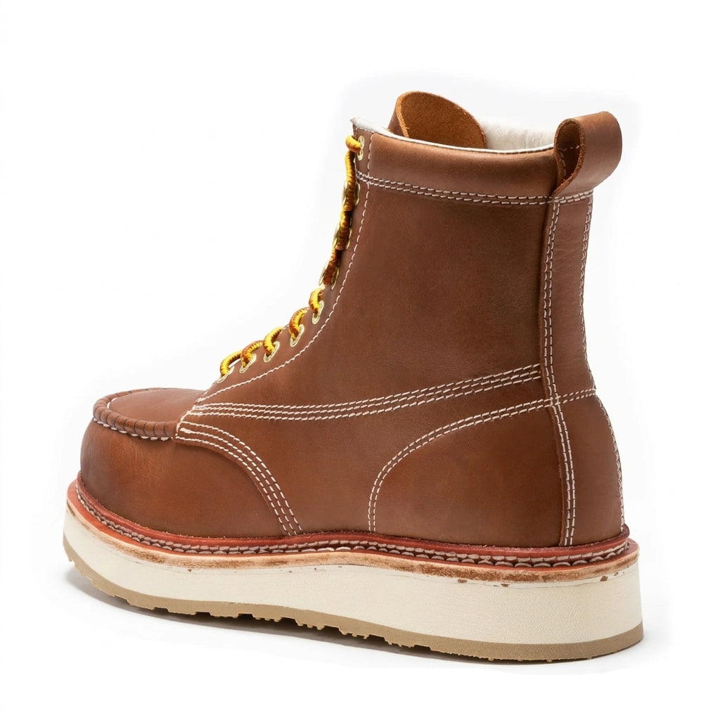 Men's Steel Toe Leather Work Boots with Wedge Sole and Moc Toe