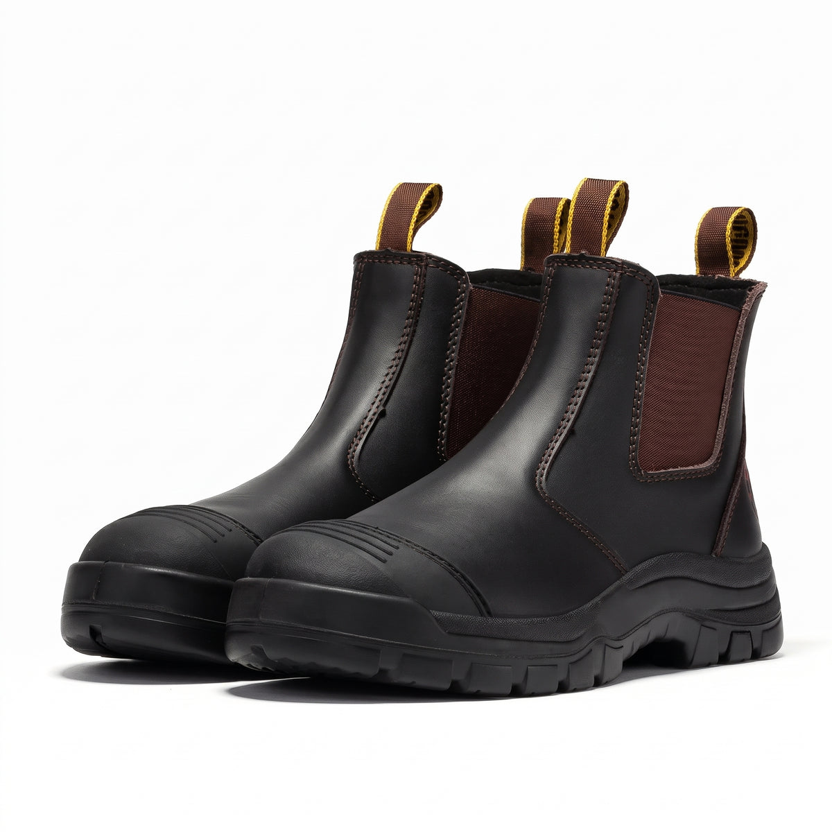 Men's Steel Toe Leather Work Boots with Wedge Sole and Pull On Design