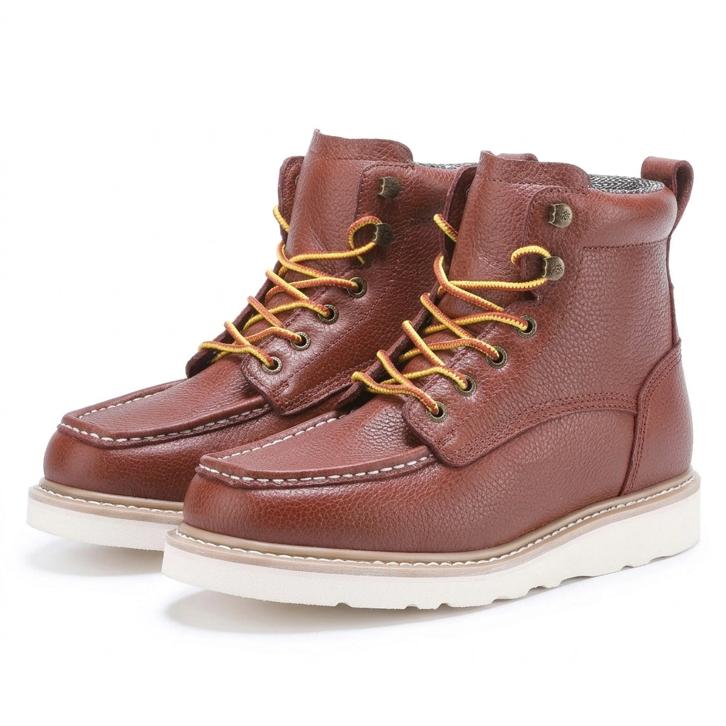Men's Soft Toe Leather Work Boots with Vibram Wedge Sole and Moc Toe