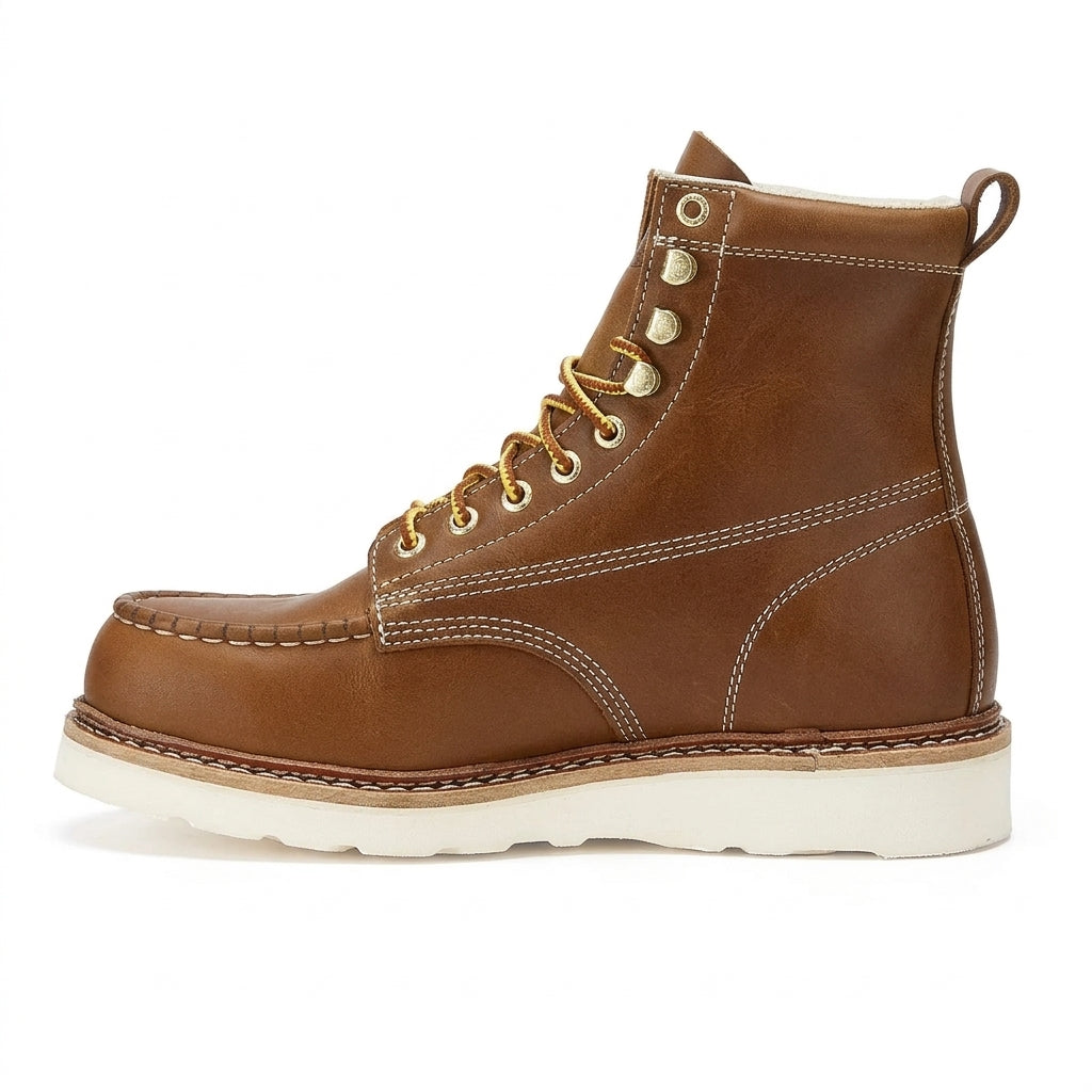Men's Steel Toe Leather Work Boots with Vibram Wedge Sole and Moc Toe