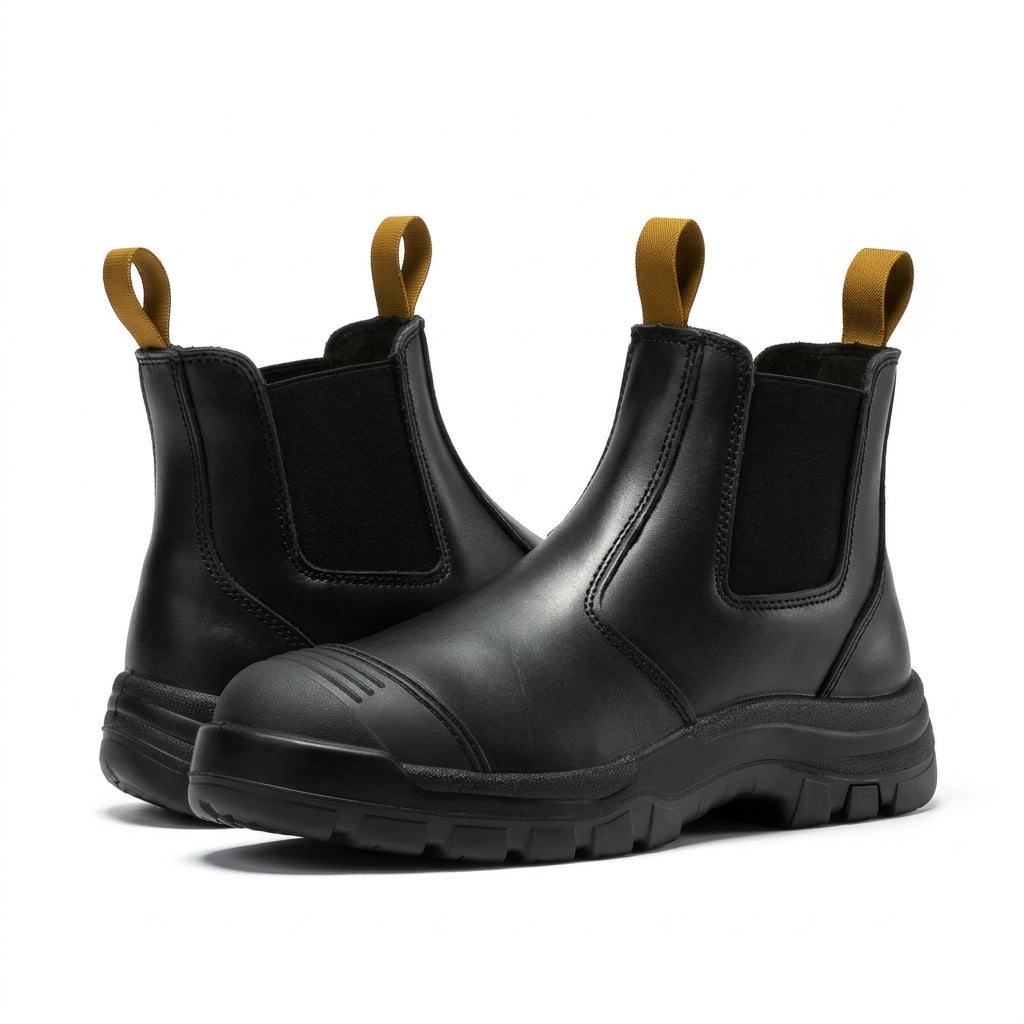 Men's Soft Toe Pull On Leather Work Boots with Slip Resistant Outsole