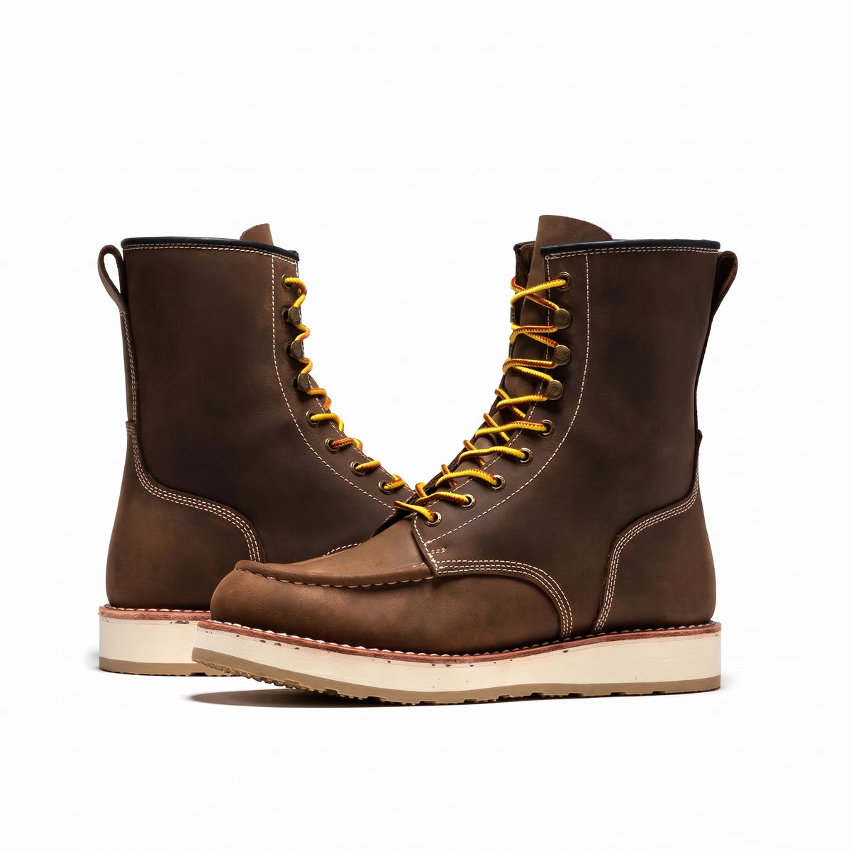 Men's Soft Toe Leather Work Boots with Wedge Sole and Moc Toe
