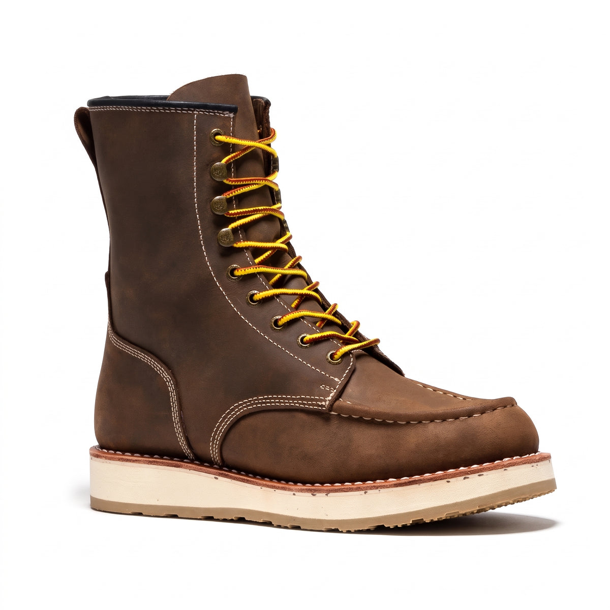 Men's Soft Toe Leather Work Boots with Wedge Sole and Moc Toe