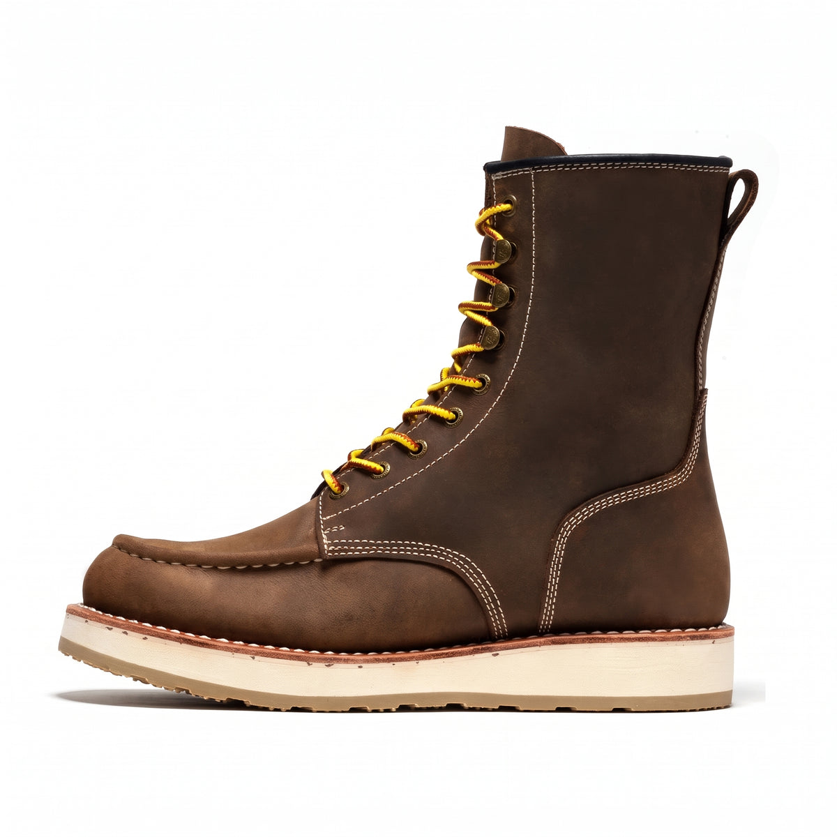 Men's Soft Toe Leather Work Boots with Wedge Sole and Moc Toe