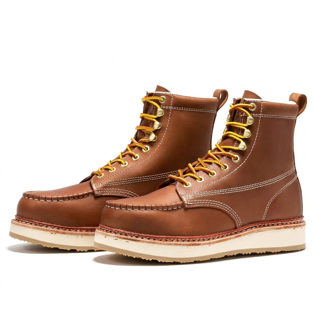 Men's Steel Toe Leather Work Boots with Vibram Wedge Sole and Moc Toe
