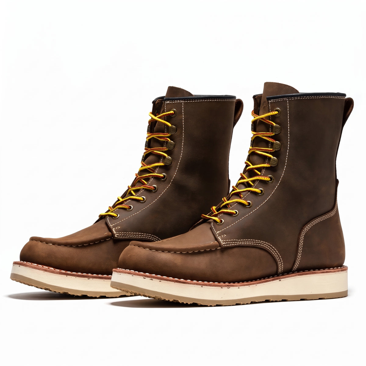 Men's Soft Toe Leather Work Boots with Wedge Sole and Moc Toe