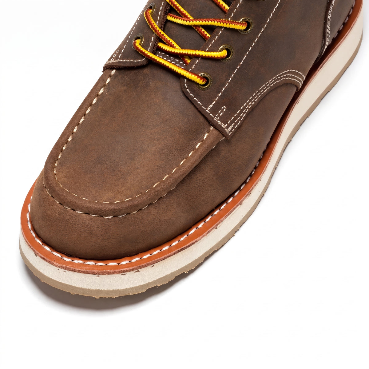 Men's Soft Toe Leather Work Boots with Wedge Sole and Moc Toe
