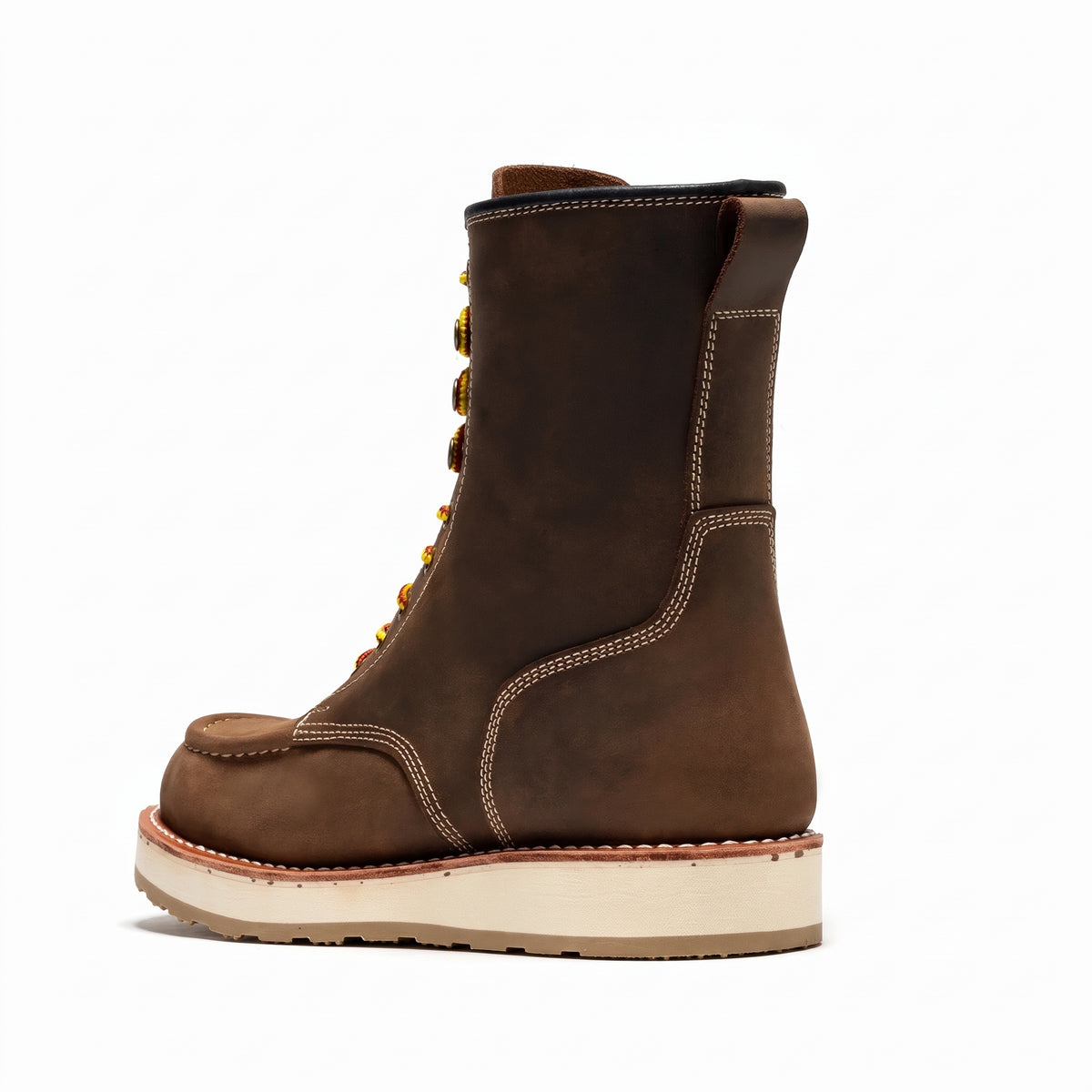 Men's Soft Toe Leather Work Boots with Wedge Sole and Moc Toe