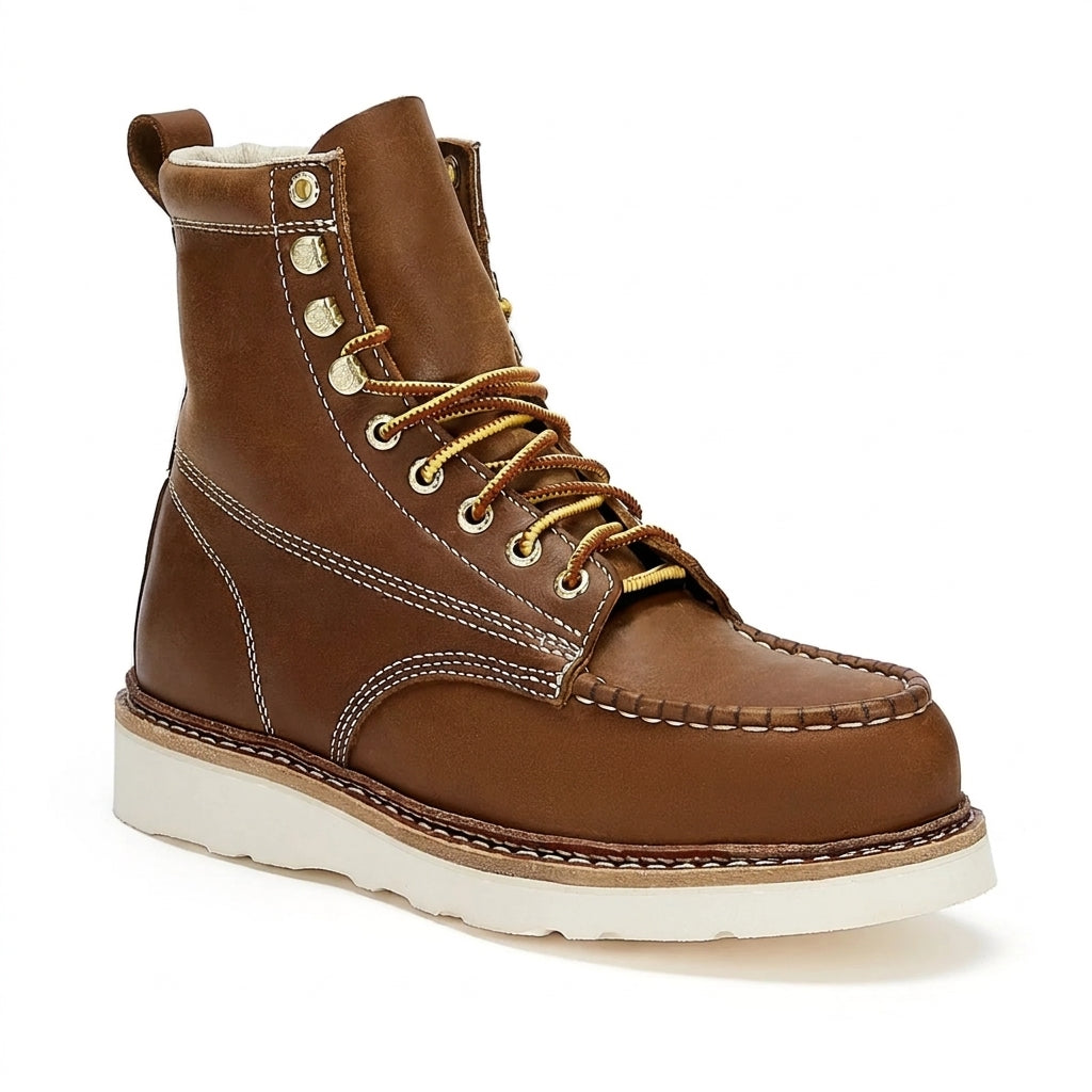 Men's Steel Toe Leather Work Boots with Vibram Wedge Sole and Moc Toe