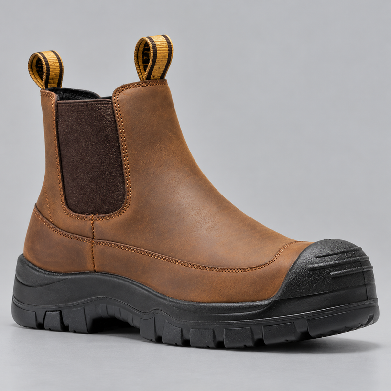 Men's Composite Toe Leather Work Boots with Pull On Design and Rubber Sole