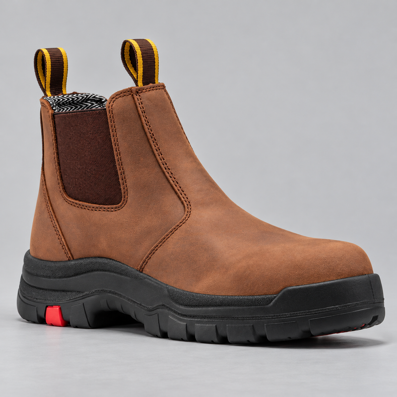 Men's Slip-On Leather Work Boots with Soft Toe and Rubber Sole