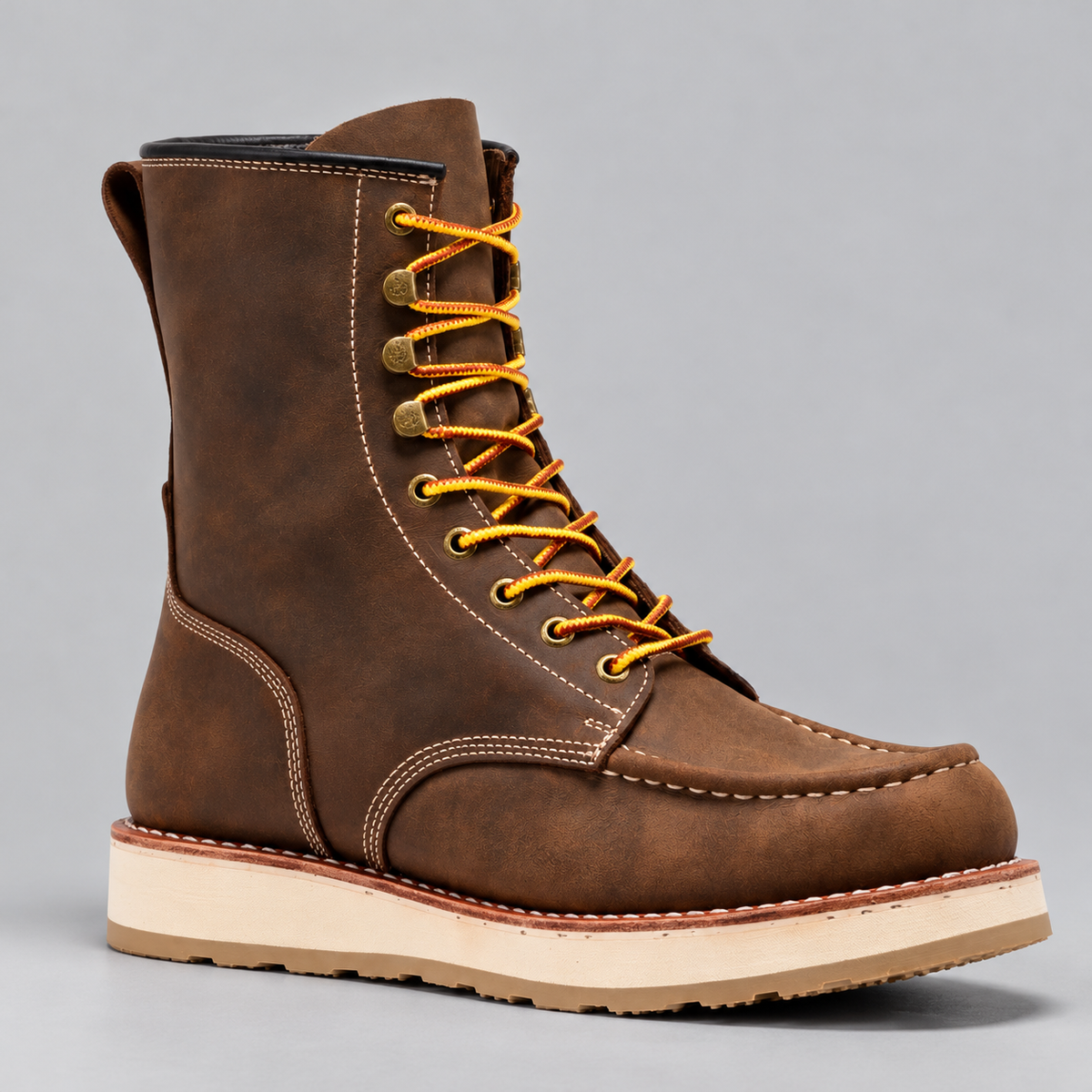 Men's Soft Toe Leather Work Boots with Wedge Sole and Moc Toe