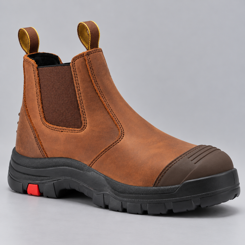 Men's Pull On Steel Toe Leather Work Boots with Slip Resistant Sole