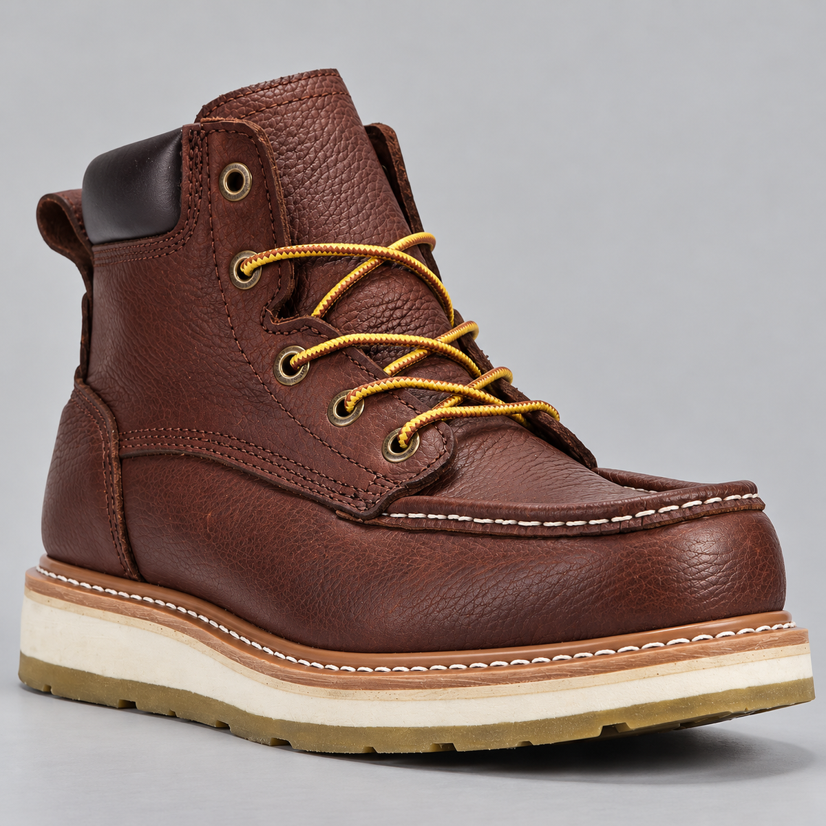 Men's Soft Toe Leather Work Boots with Wedge Sole and Water Resistant Finish