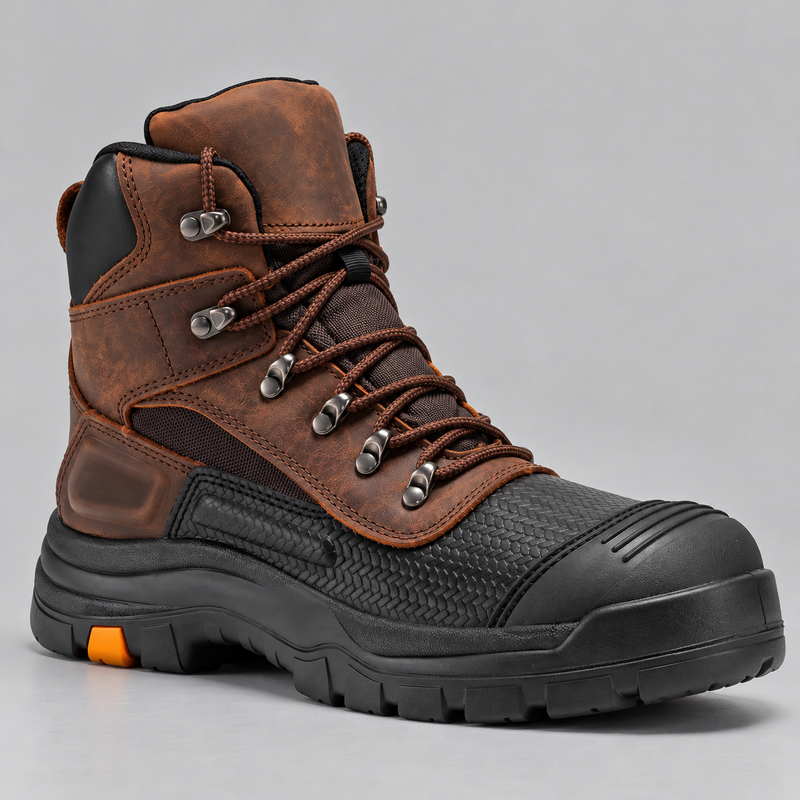 Men's Waterproof Leather Work Boots with Steel Toe and Rubber Outsole