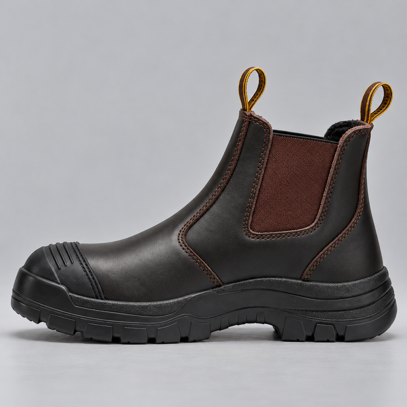 Men's Steel Toe Leather Work Boots with Wedge Sole and Pull On Design