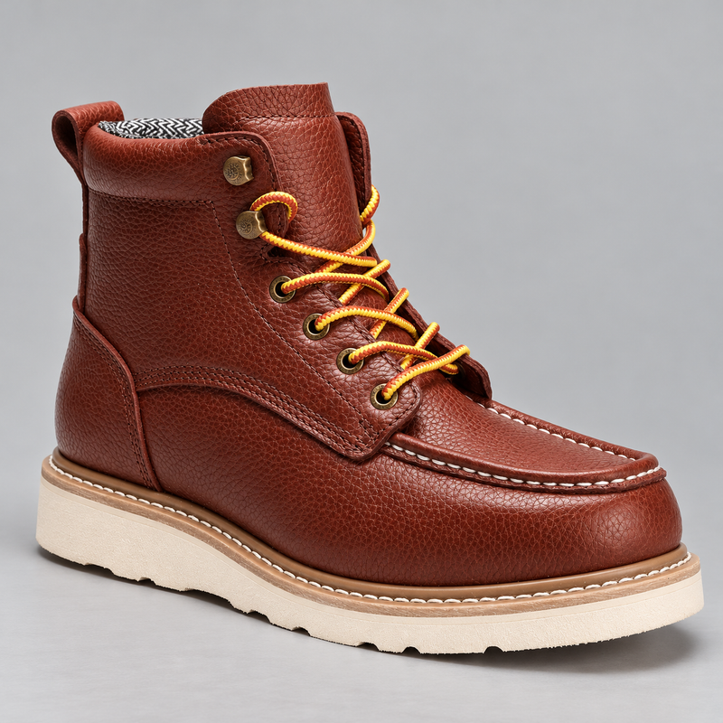 Men's Soft Toe Leather Work Boots with Vibram Wedge Sole and Moc Toe