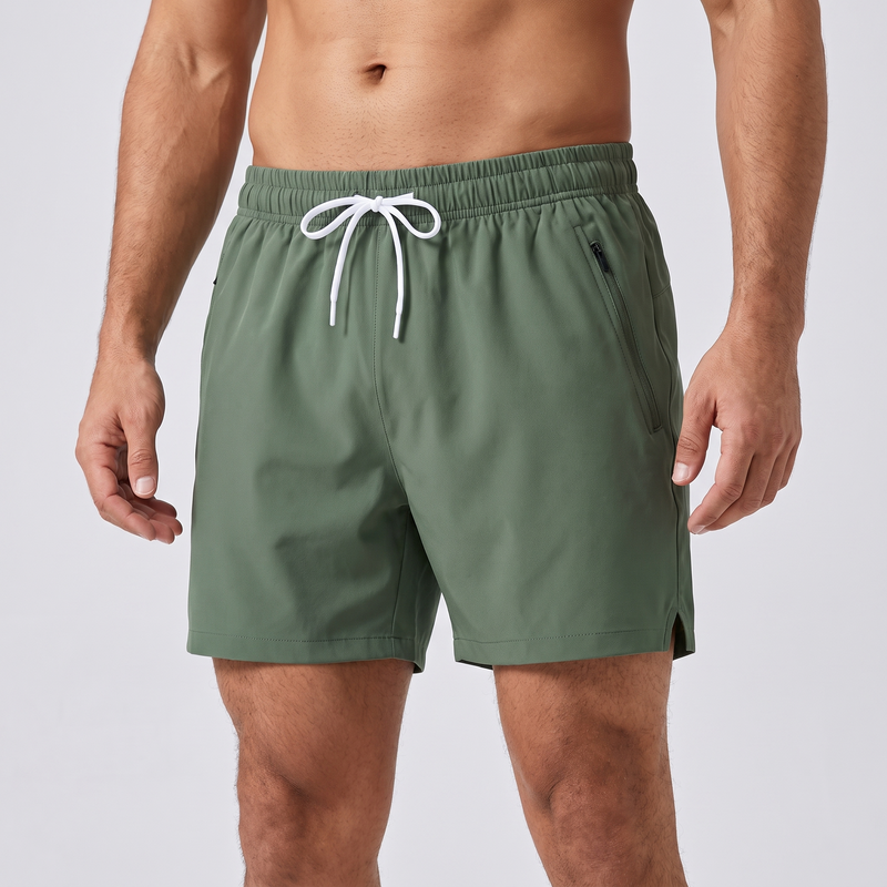 Men's Quick Dry Swim Shorts with Zip Pocket and Drawcord Waist