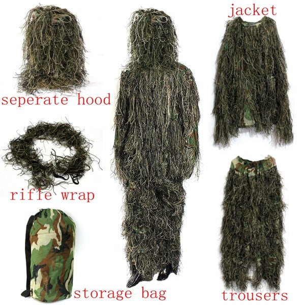 Men's Woodland Camo Ghillie Suit with Rifle Wrap and Storage Bag