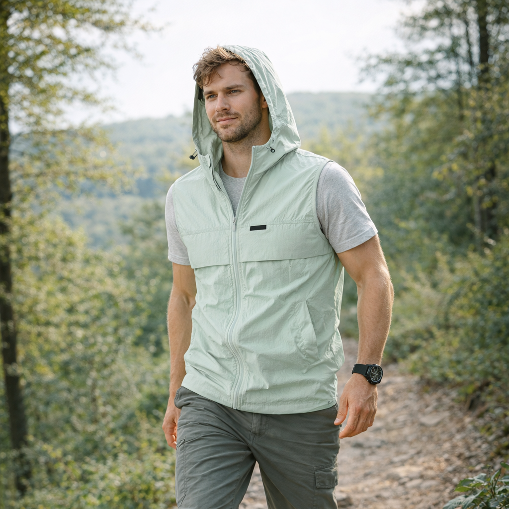Men's Lightweight Windproof Hooded Vest With Drawstring Hem