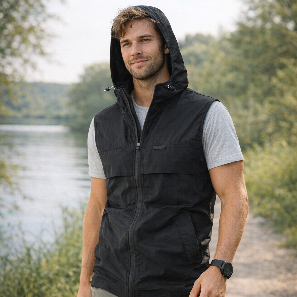 Men's Lightweight Windproof Hooded Vest With Drawstring Hem