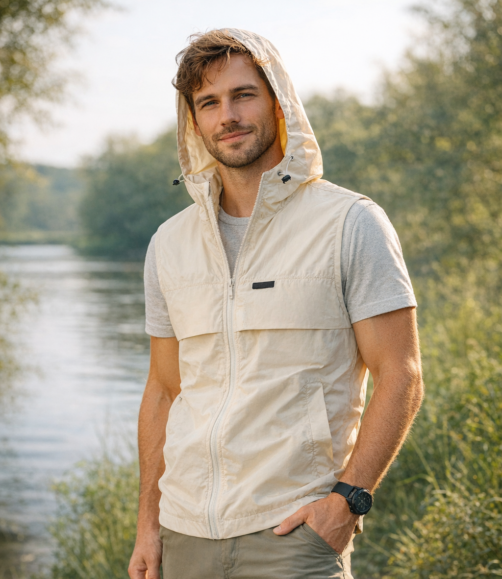 Men's Lightweight Windproof Hooded Vest With Drawstring Hem
