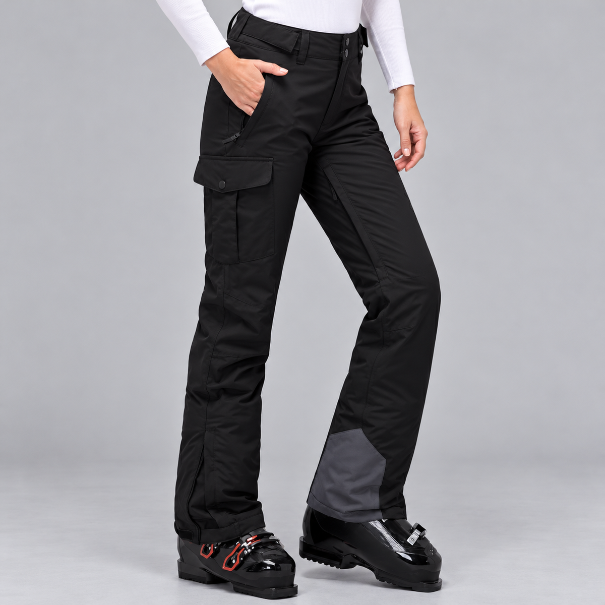 Women's Insulated Waterproof Ski Pants with Cargo Pockets and Boot Gaiters