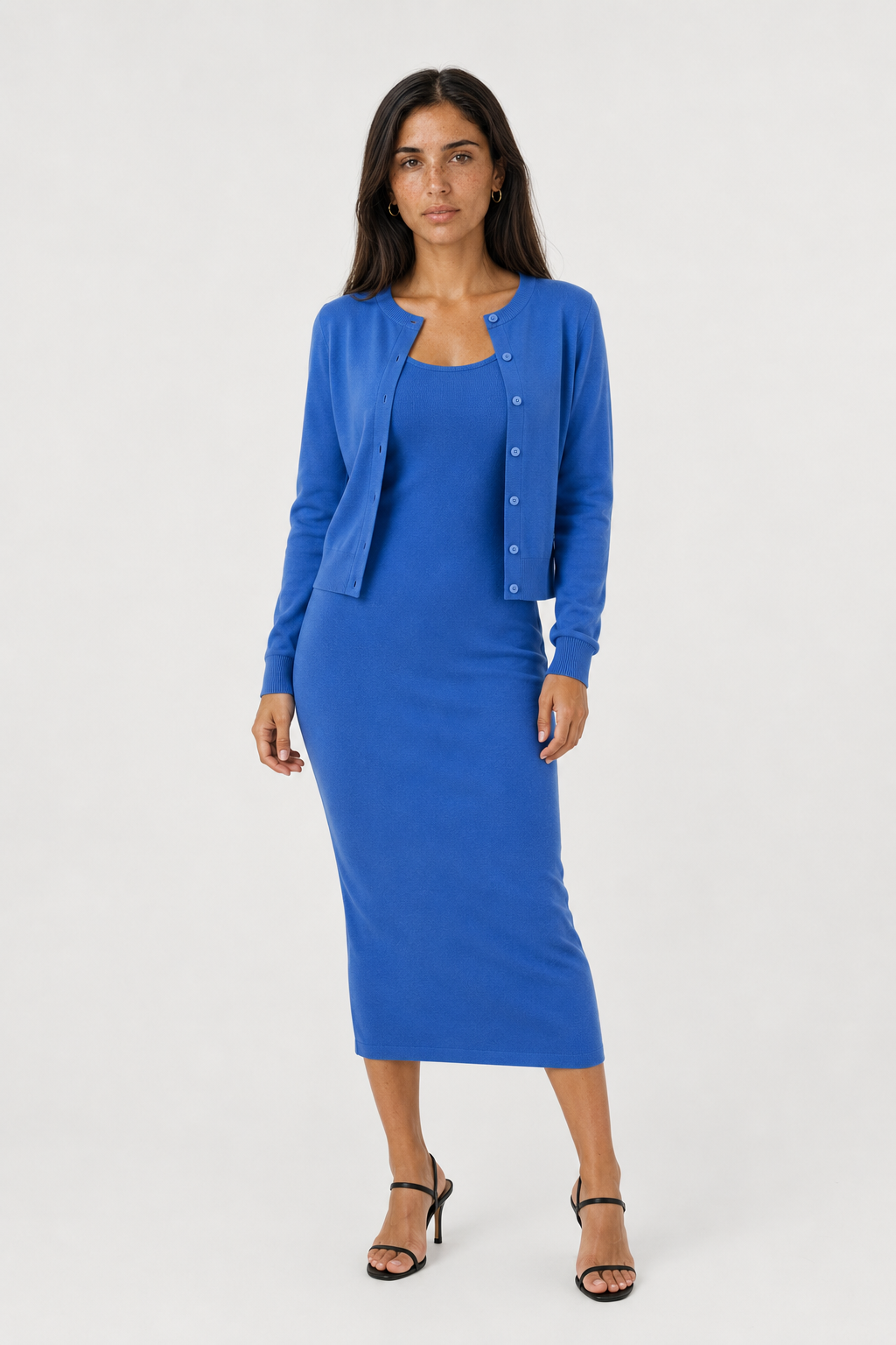 Women's Two-Piece Midi Dress and Cropped Cardigan Set