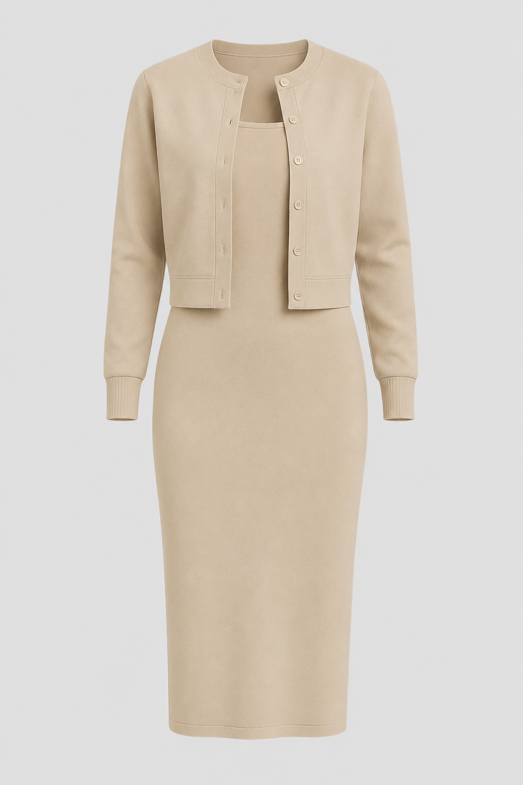 Women's Two-Piece Midi Dress and Cropped Cardigan Set