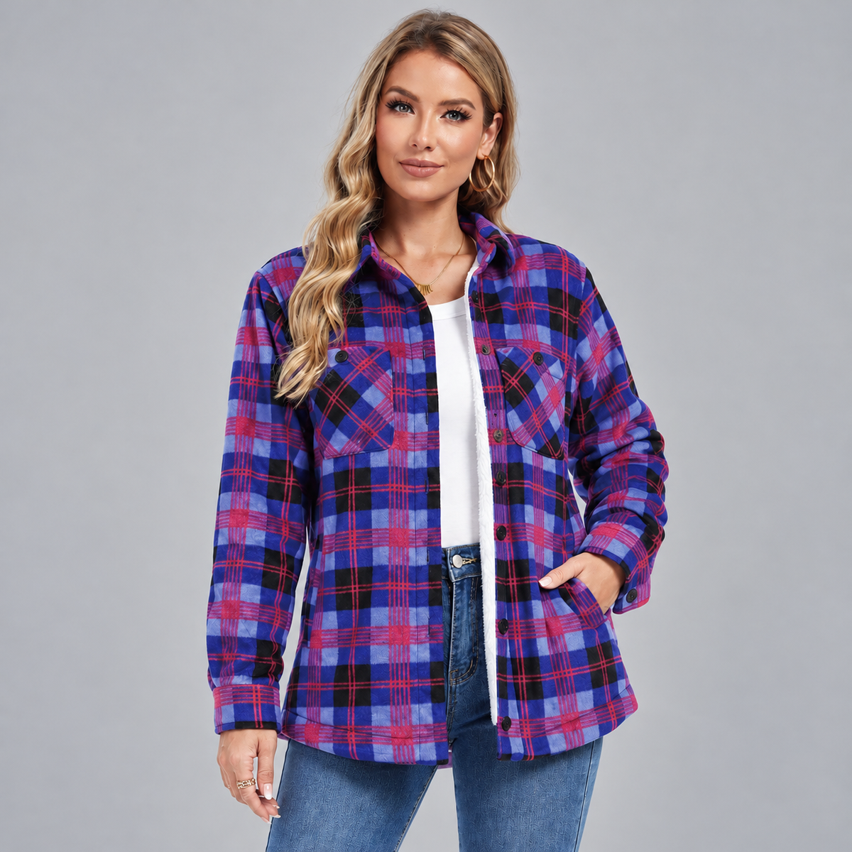 Women's Sherpa Lined Plaid Flannel Shacket with Button Front