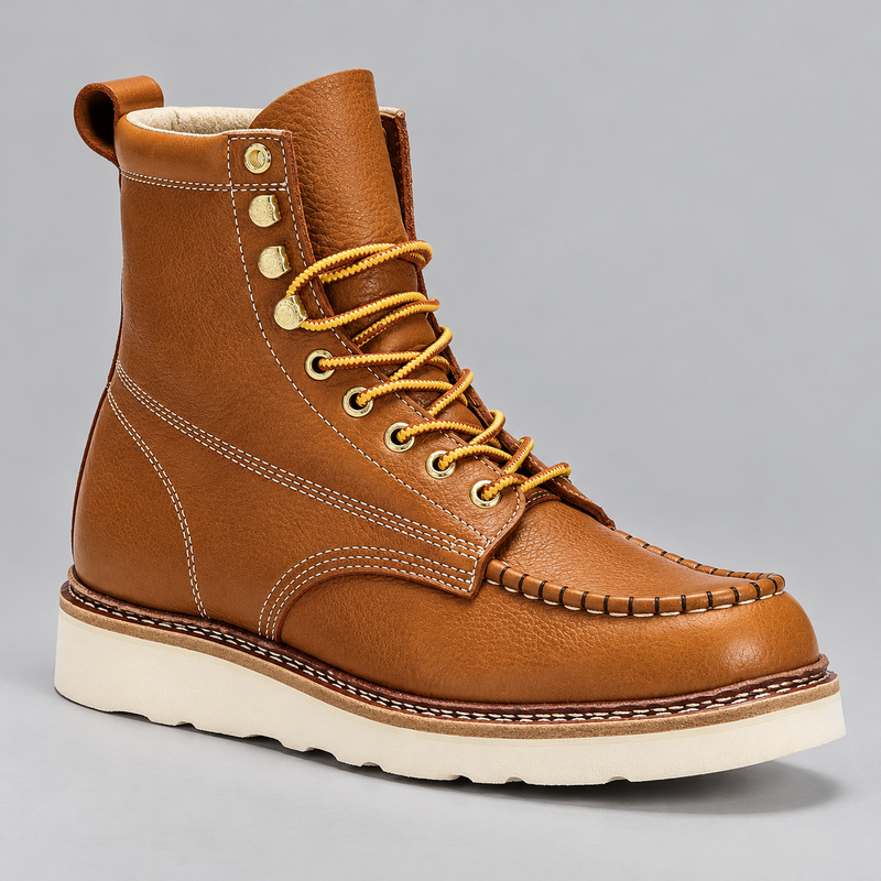 Men's Leather Work Boots with Soft Toe, Vibram Sole, and Moc Toe
