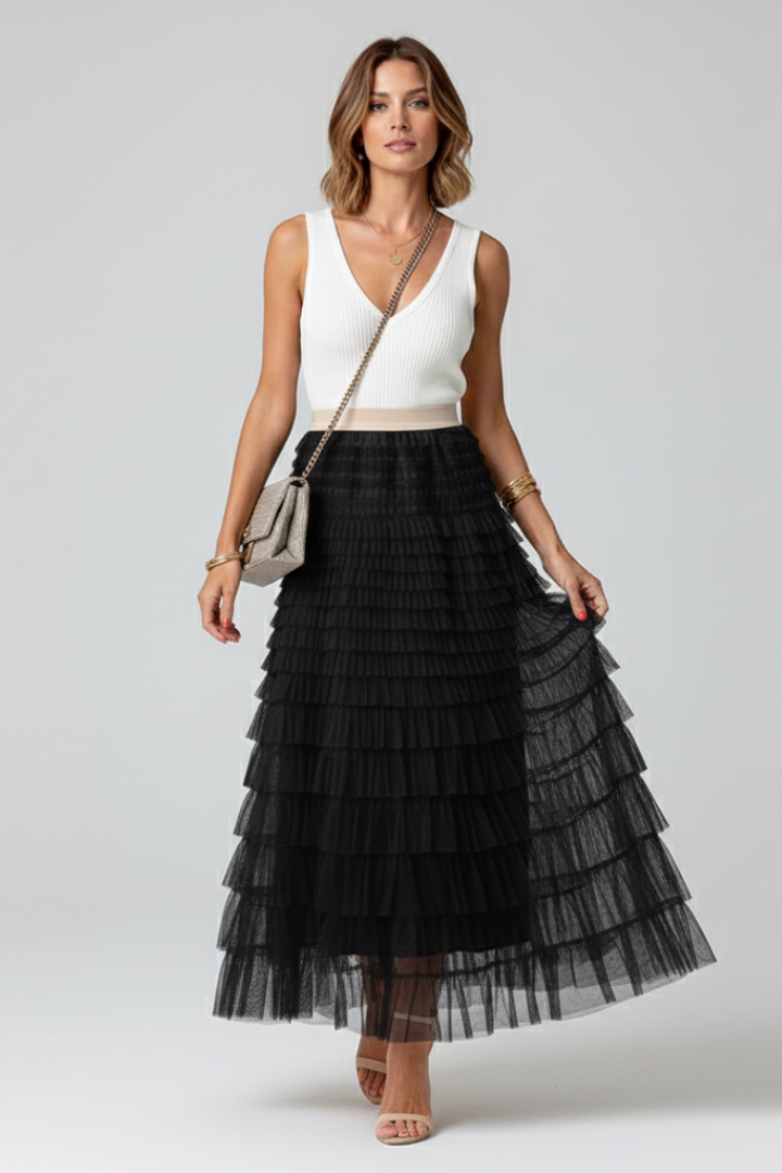 Women's Layered Midi Skirt with Elastic Waist